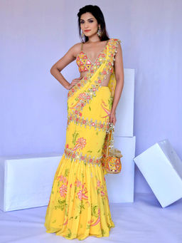 FORAM PATEL - Yellow Pre-Draped Mumtaz Embroidered Paisley Print Saree with Stitched Blouse