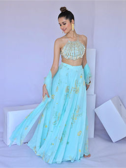 FORAM PATEL - Blue Cowrie Embroidered Palazzo with Blouse and Dupatta (Set of 3)