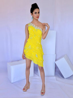FORAM PATEL - Yellow Embroidered One Shoulder Ruffle Dress