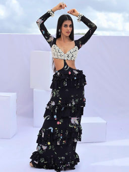 FORAM PATEL - Black Floral Print Cowrie Embroidered Maxi Dress