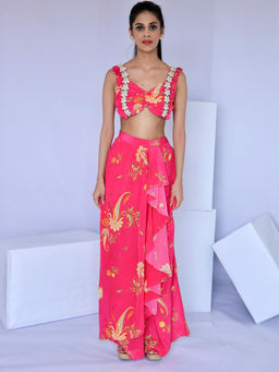 FORAM PATEL - Embroidered Pink Floral Print Blouse and Palazzo (Set of 2)