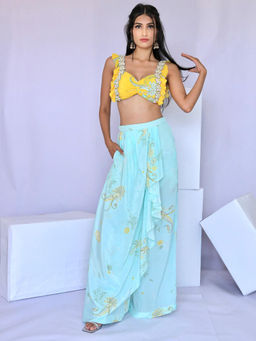 FORAM PATEL - Embroidered Yellow Floral Print Blouse and Palazzo (Set of 2)