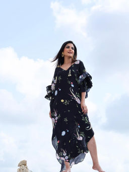 FORAM PATEL - Black Printed Kaftan Dress with Inner (Set of 2)