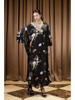 FORAM PATEL - Black Printed Embroidered Kaftan Dress with Inner (Set of 2)