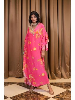 FORAM PATEL - Pink Printed Embroidered Kaftan Dress with Inner (Set of 2)