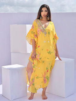 FORAM PATEL - Yellow Printed Embroidered Kaftan Dress with Inner (Set of 2)