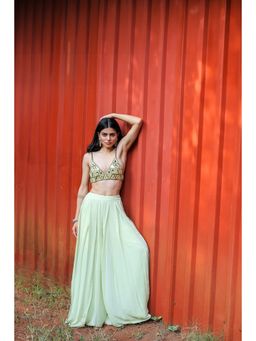 FORAM PATEL - Green Embroidered Mirror Work Bralette and Palazzo (Set of 2)