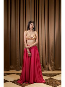 FORAM PATEL - Pink Embroidered Mirror Work Bralette and Palazzo (Set of 2)