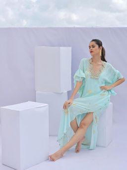 FORAM PATEL - Blue Floral Print Embroidered Kaftan Dress with Inner (Set of 2)