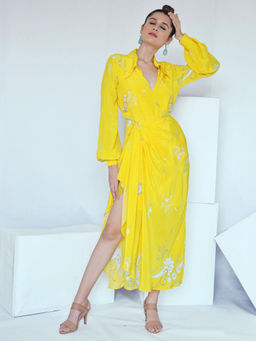 FORAM PATEL - Yellow Floral Print Wrap Dress