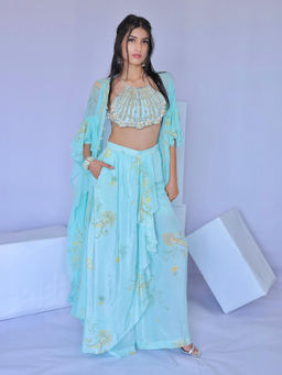 FORAM PATEL - Blue Printed Palazzo with Cape and Blouse (Set of 3)