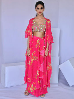 FORAM PATEL - Pink Printed Palazzo with Cape and Blouse (Set of 3)