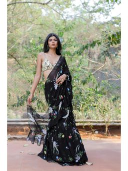 FORAM PATEL - Black Printed Ruffle Pre-Drape Saree with Stitched Blouse