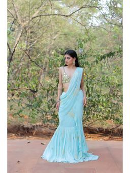 FORAM PATEL - Blue Printed Ruffle Pre-Drape Saree with Stitched Blouse
