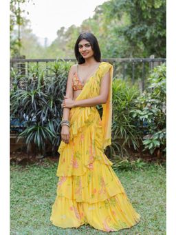 FORAM PATEL - Yellow Printed Ruffle Pre-Drape Saree with Stitched Blouse