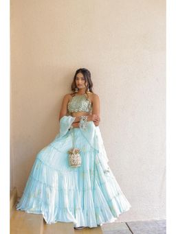 FORAM PATEL - Blue Printed Tiered Lehenga with Embroidered Blouse and Dupatta (Set of 3)