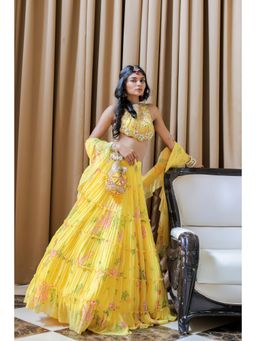 FORAM PATEL - Yellow Printed Tiered Lehenga with Stitched Blouse and Dupatta (Set of 3)