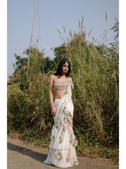 FORAM PATEL - White Floral Printed Ruffle Pre-Draped Saree with Stitched Blouse