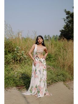 FORAM PATEL - White Mirror and Cowrie Embroidered Cape with Blouse and Palazzo (Set of 3)