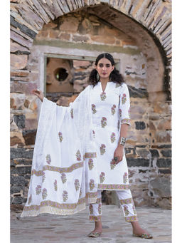 The Kapas - Simply White Hand-block Print Kurta Suit (Set of 3)