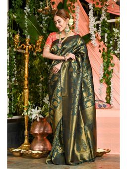 Beatitude - Green Shade Soft Silk Banarasi Woven Saree with Unstitched Blouse