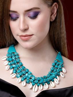 Moedbuille - Turquoise Cowri & Stone Studded Layered Contemporary Design Oxidised Gold Plated Necklace