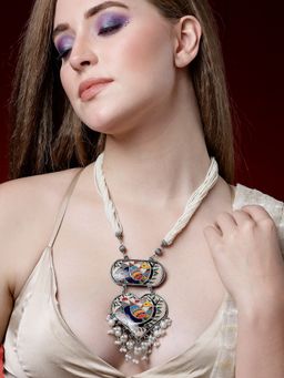 Moedbuille - Handpainted Meenakari Work Pearl Studded Tassell Design Oxidised Silver Plated Necklace