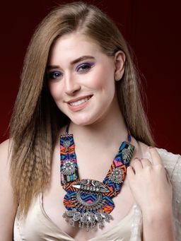 Moedbuille - Multi-Color Handcrafted Embroidery Work Afghan Paisley Oxidised Silver Plated Necklace