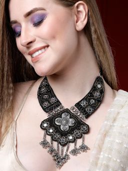 Moedbuille - Beads & Mirrors Studded Tasselled Design Oxidised Silver Plated Afghan Necklace