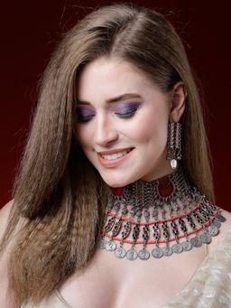 Moedbuille - Red Meenakari Work Afghan Tribal Design Oxidised Silver Plated Jewellery (Set of 2)