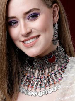 Moedbuille - Meenakari Work Afghan Tribal Design Oxidised Silver Plated Jewellery (Set of 2)