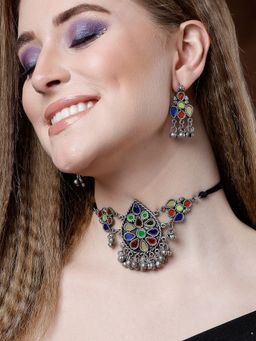 Moedbuille - Mirrors & Ghungroo Antique Design Oxidised Silver Plated Tribal Jewellery (Set of 2)