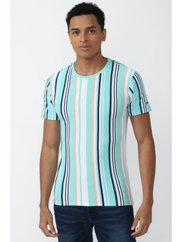 Peter England - Men Blue Stripe Round Neck T-Shirt
