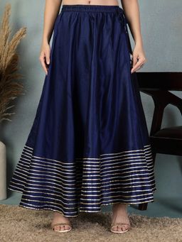 Clora Creation - Women Navy Blue Stripes Gota Work Flared Skirt