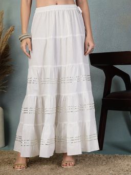 Clora Creation - Women White Stripes Gota Work Flared Skirt