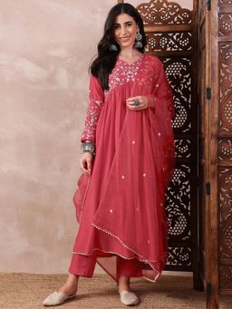 Vaamsi - Women Red Cotton Blend Embroidered A-Line Kurta Pants with Dupatta (Set of 3)