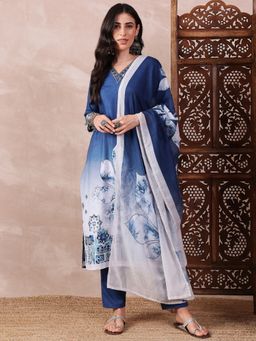 Vaamsi - Women Blue Rayon Blend Floral Printed Straight Kurta Pants with Dupatta (Set of 3)