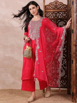 Vaamsi - Women Pink Silk Blend Embroidered Straight Kurta Palazzo with Dupatta (Set of 3)