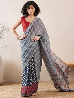 Vaamsi - Women Grey Linen Striped Printed Saree with Unstitched Blouse