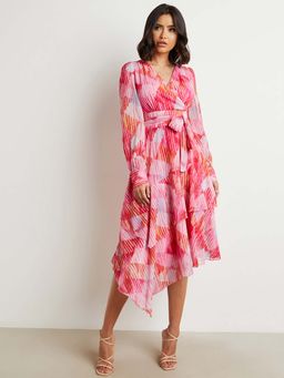 Styli - Pink Geo Print Wrap Front Asymmetric Midi Dress With Tie Belt (Set of 2)