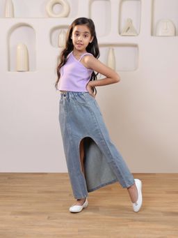 SHORGUL - Lavender Ribbed One Shoulder Top And Solid Front Slit Maxi Denim Skirt
