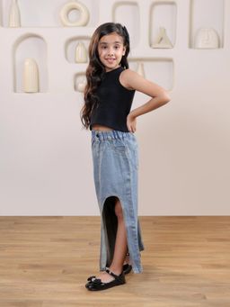 SHORGUL - Black Ribbed Crop Top And Solid Front Slit Maxi Denim Skirt