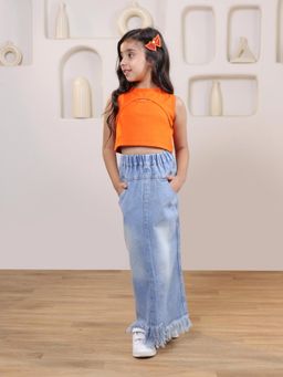 SHORGUL - Orange Solid Sleeveless Crop Top And Straight Maxi Skirt