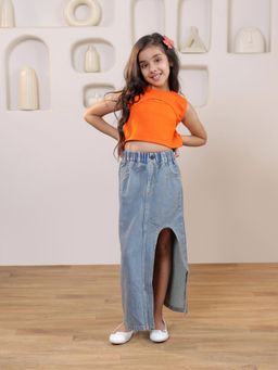 SHORGUL - Orange Solid Sleeveless Crop Top And Solid Front Slit Maxi Skirt