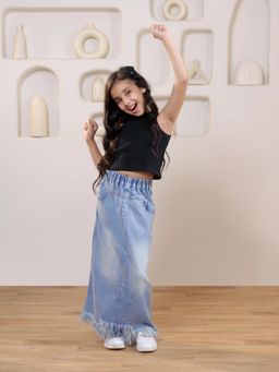 SHORGUL - Black Ribbed Crop Top And Distressed Faded Straight Maxi Denim Skirt