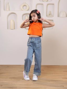SHORGUL - Orange Solid Sleeveless Crop Top With Jeans