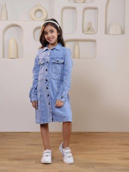 SHORGUL - Blue Girls Full Sleeves Denim Solid Shirt Dress