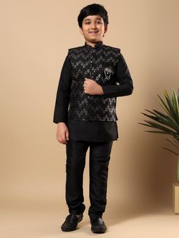 BT DEZINES - Boys Black Sequined Buti Pattern Kurta And Pyjama With Waistcoat