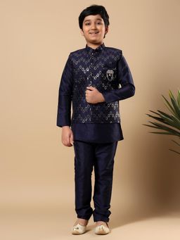 BT DEZINES - Boys Navy Sequined Buti Pattern Kurta And Pyjama With Waistcoat