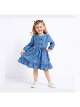 Bright Star Kids Wear - Girls Soft Cotton Printed Full Sleeve Dress-Blue
